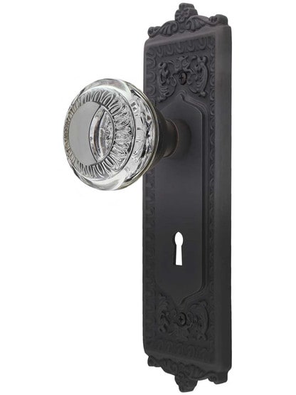 Egg and Dart Style Door Set with Ovolo Crystal-Glass Knobs and Keyhole in Oil-Rubbed Bronze.